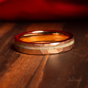 White Opal Ring for Women | 4mm Hammered Rose Gold Tungsten Band 5