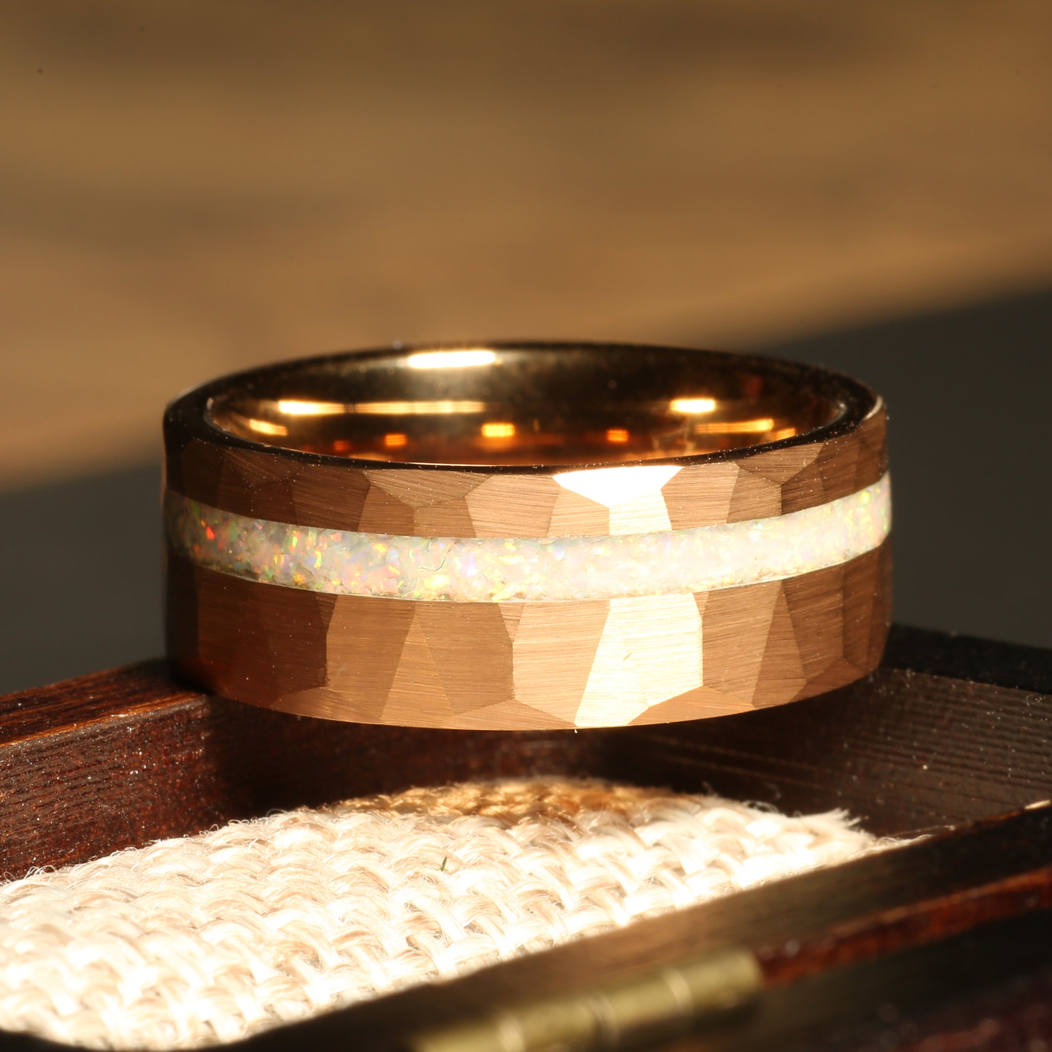 Rose Gold White Opal Wedding Band for Men | 8mm Hammered Tungsten Ring