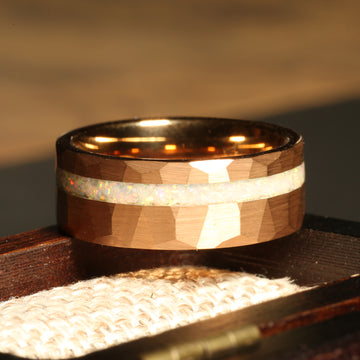 Rose Gold White Opal Wedding Band for Men | 8mm Hammered Tungsten Ring 2