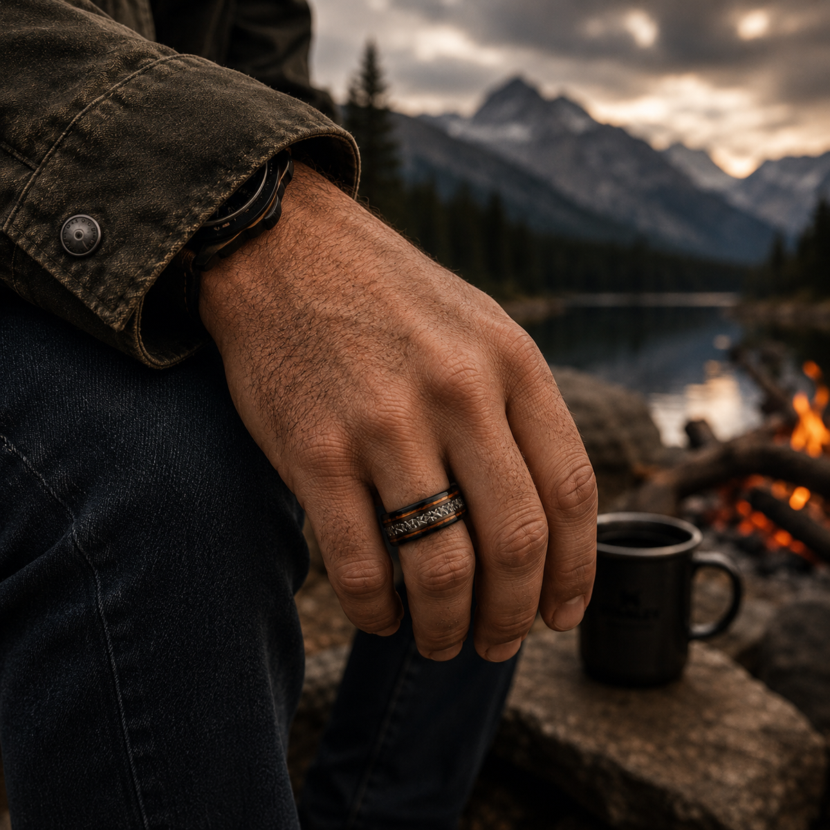Rovalt 8mm black tungsten meteorite wedding band for men