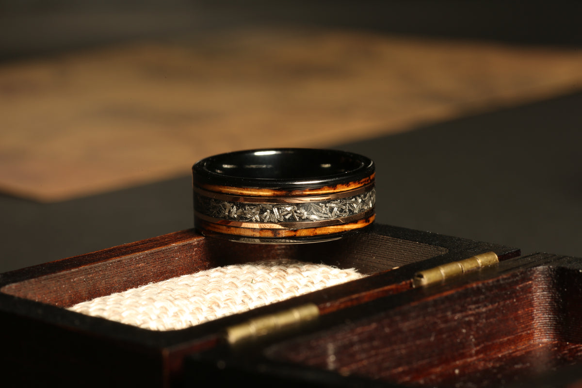 Rovalt meteorite wedding band with authentic whiskey barrel wood