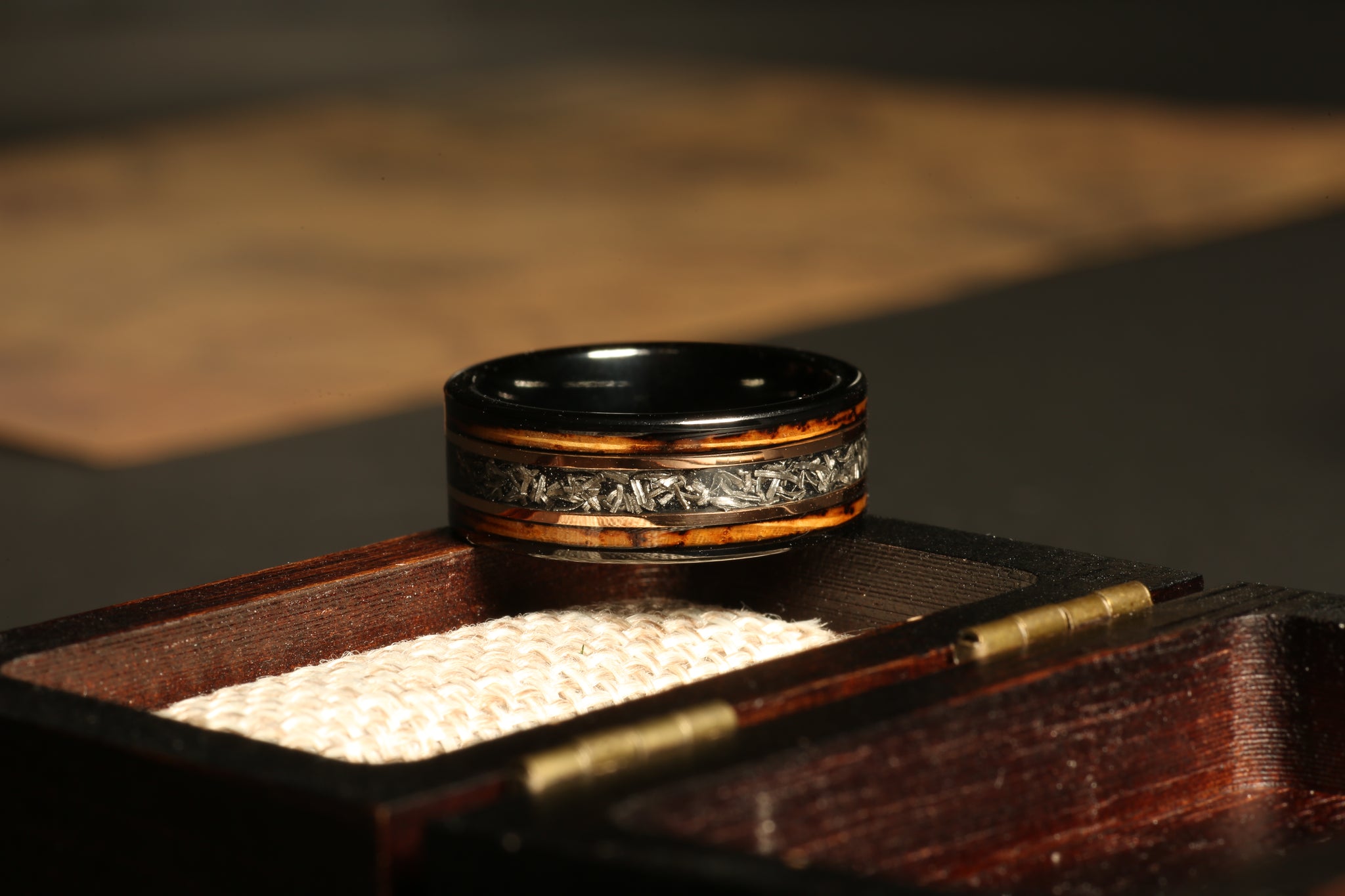 Whiskey Barrel Meteorite Wedding Band for Men | 8mm Black Tungsten Ring | Rovalt