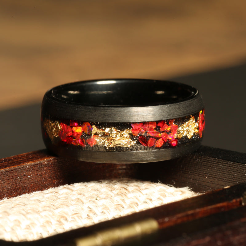 Ruby gold leaf ring for men with black tungsten