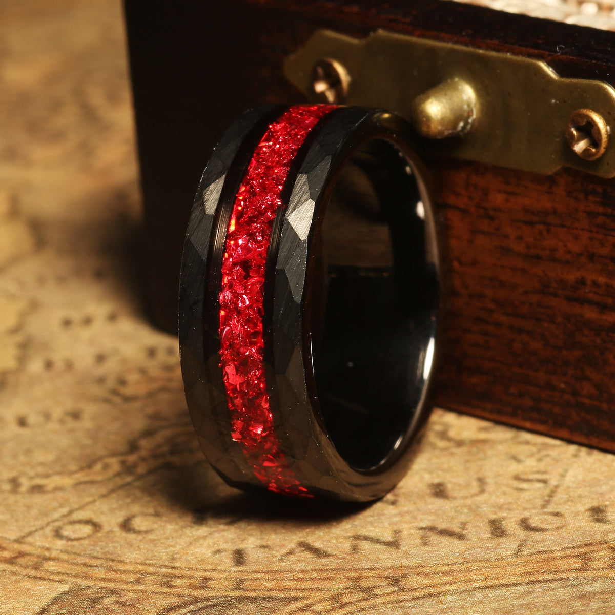 Ruby inlay black tungsten band for men with bold contrast