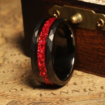 Ruby Wedding Band for Men | 8mm Black Hammered Tungsten Ring 5
