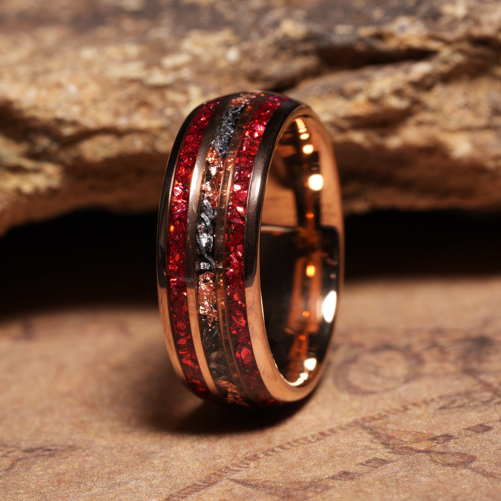 Ruby Meteorite Gold Leaf Wedding Band for Men | 8mm Rose Gold Tungsten Ring