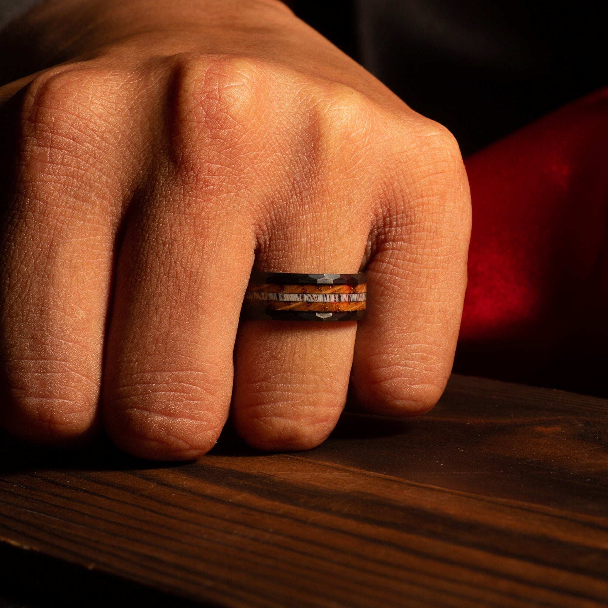 Charred Whiskey Barrel Deer Antler Wedding Band for Men | 8mm Black Tungsten Ring