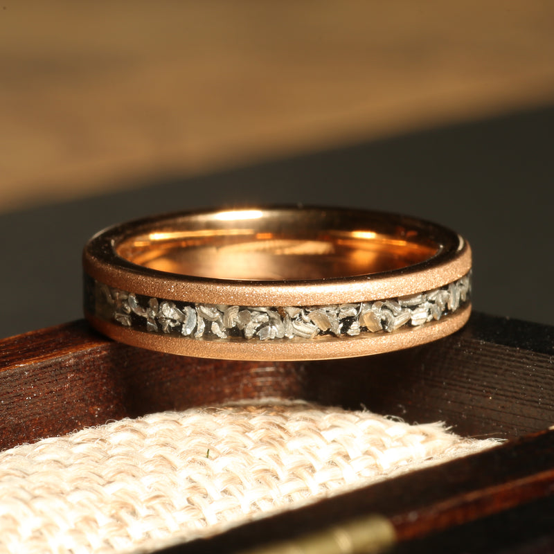 Sandblasted meteorite ring for women with rose gold tungsten