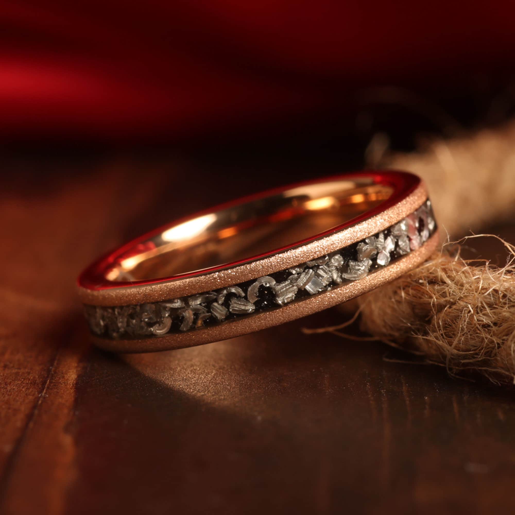 Meteorite Matching Wedding Band Set | Sandblasted Rose Gold Tungsten Rings
