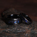 Meteorite Blue Sandstone Matching Wedding Band Set | His and Hers Black Hammered Tungsten Rings 8mm & 4mm