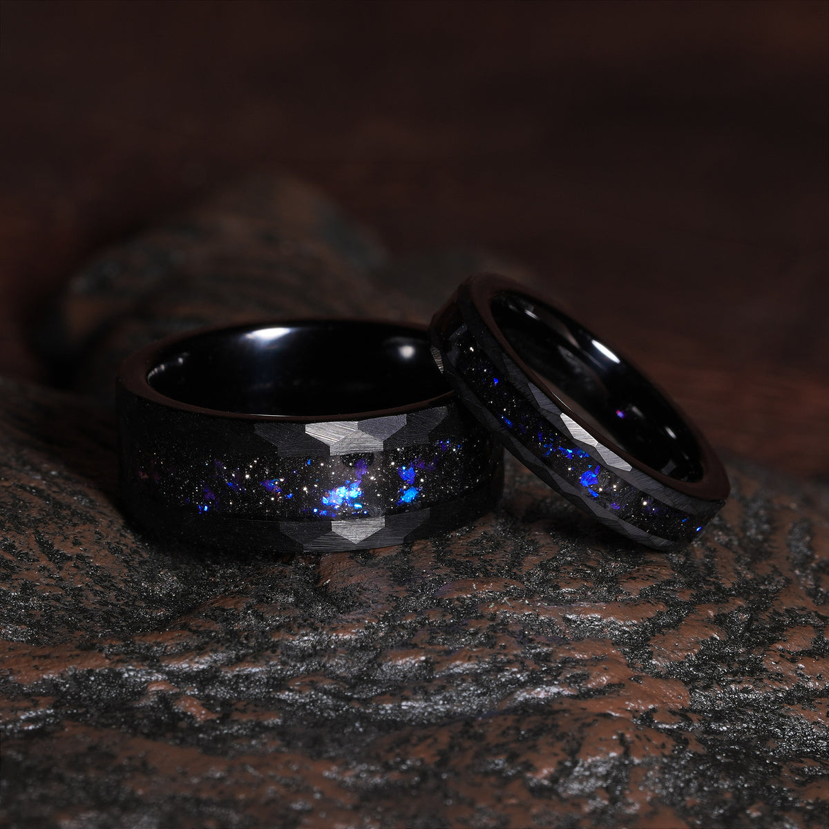 Meteorite Blue Sandstone Matching Wedding Band Set | His and Hers Black Hammered Tungsten Rings 8mm & 4mm