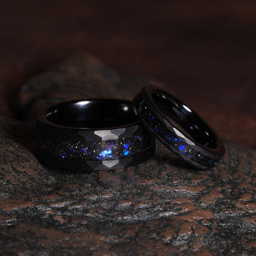 Meteorite Blue Sandstone Matching Wedding Band Set | His and Hers Black Hammered Tungsten Rings 8mm & 4mm 1