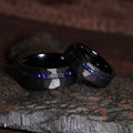 Meteorite Matching Wedding Band Set | His and Hers Black Hammered Tungsten Rings with Blue Sandstone Nebula Inlay