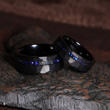 Meteorite Matching Wedding Band Set | His and Hers Black Hammered Tungsten Rings with Blue Sandstone Nebula Inlay 1