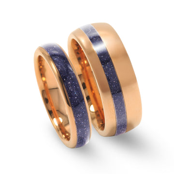 Cosmo Flare Sandstone Matching Wedding Band Set | His and Hers Rose Gold Tungsten Rings 7