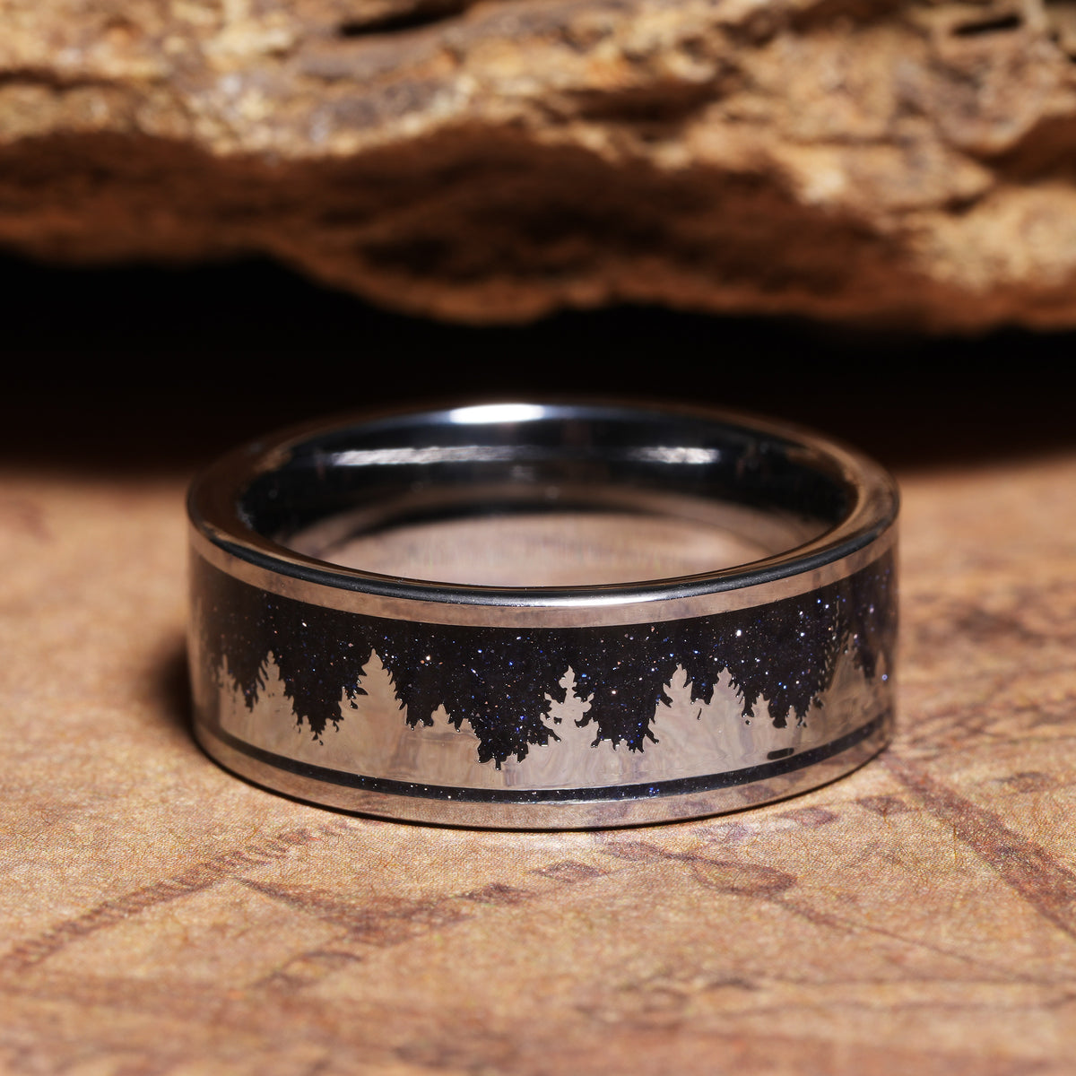 Silver blue sandstone nature ring for men with forest silhouette