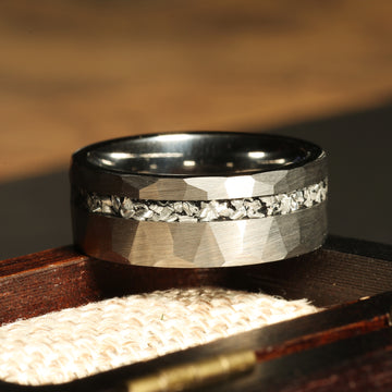 Silver Hammered Meteorite Wedding Band for Men | 8mm Tungsten Ring 2