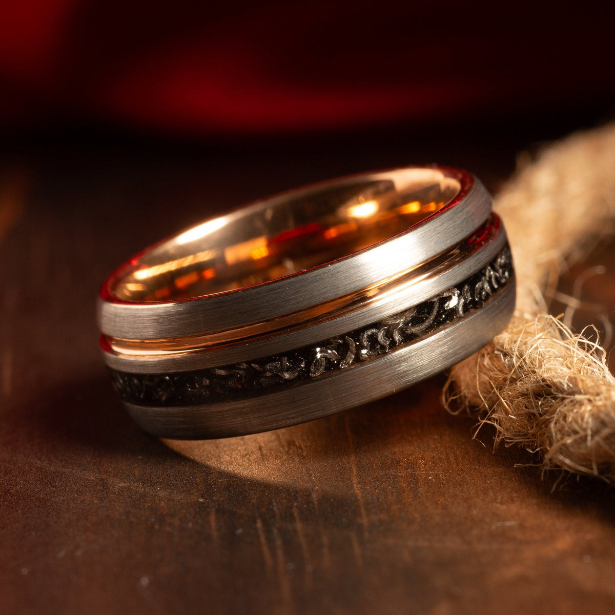Silver meteorite ring for men with polished tungsten