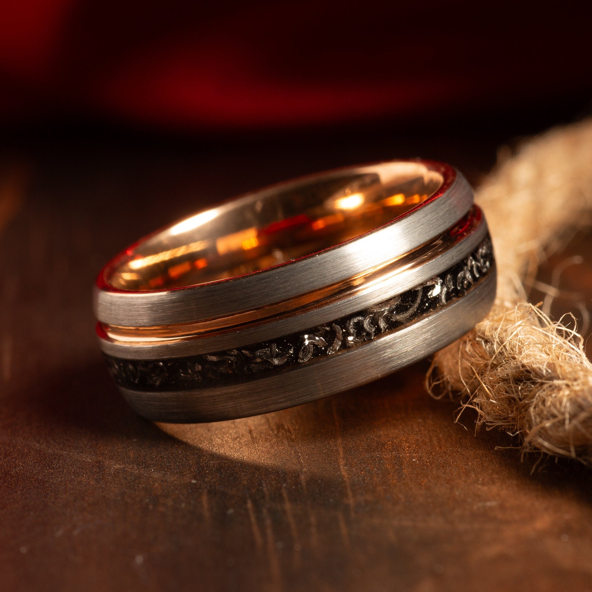Silver Meteorite Wedding Band for Men | 8mm Tungsten Ring with Rose Gold Interior