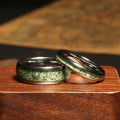 Moss Agate Matching Wedding Band Set | His and Hers Silver Tungsten Rings