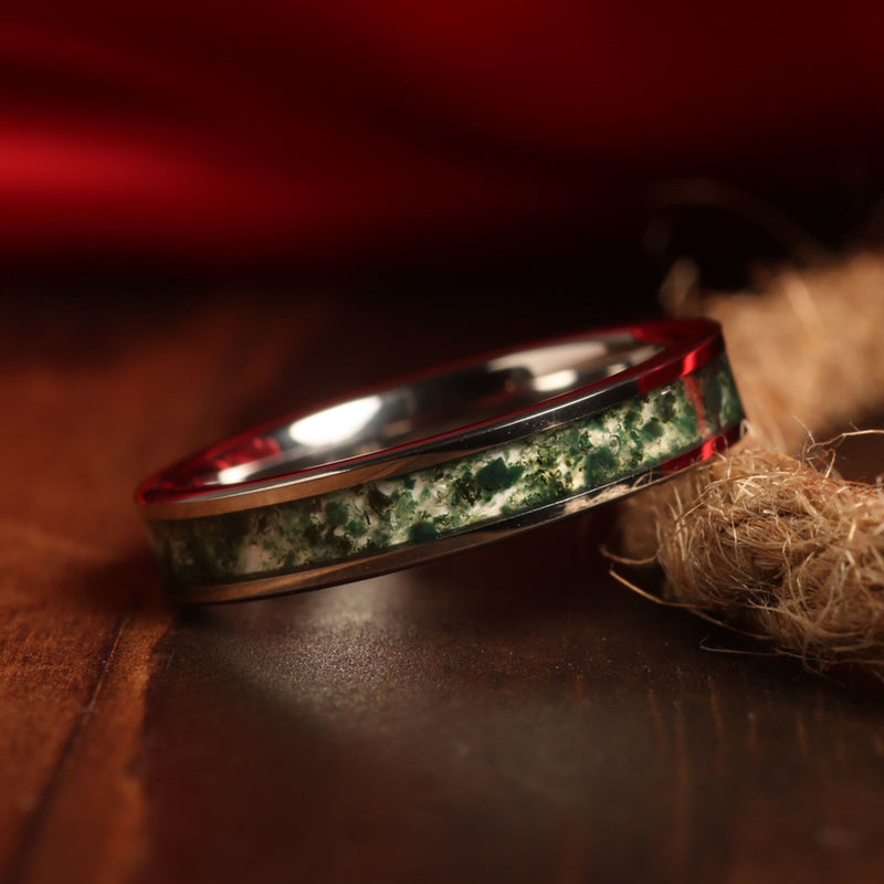 Silver moss agate ring for women with natural green inlay
