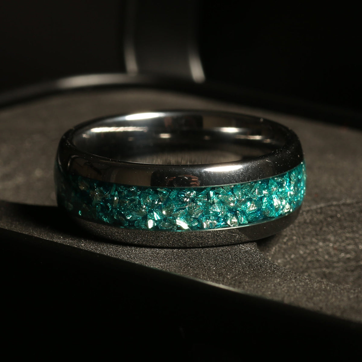 Silver tungsten aquamarine wedding band for men