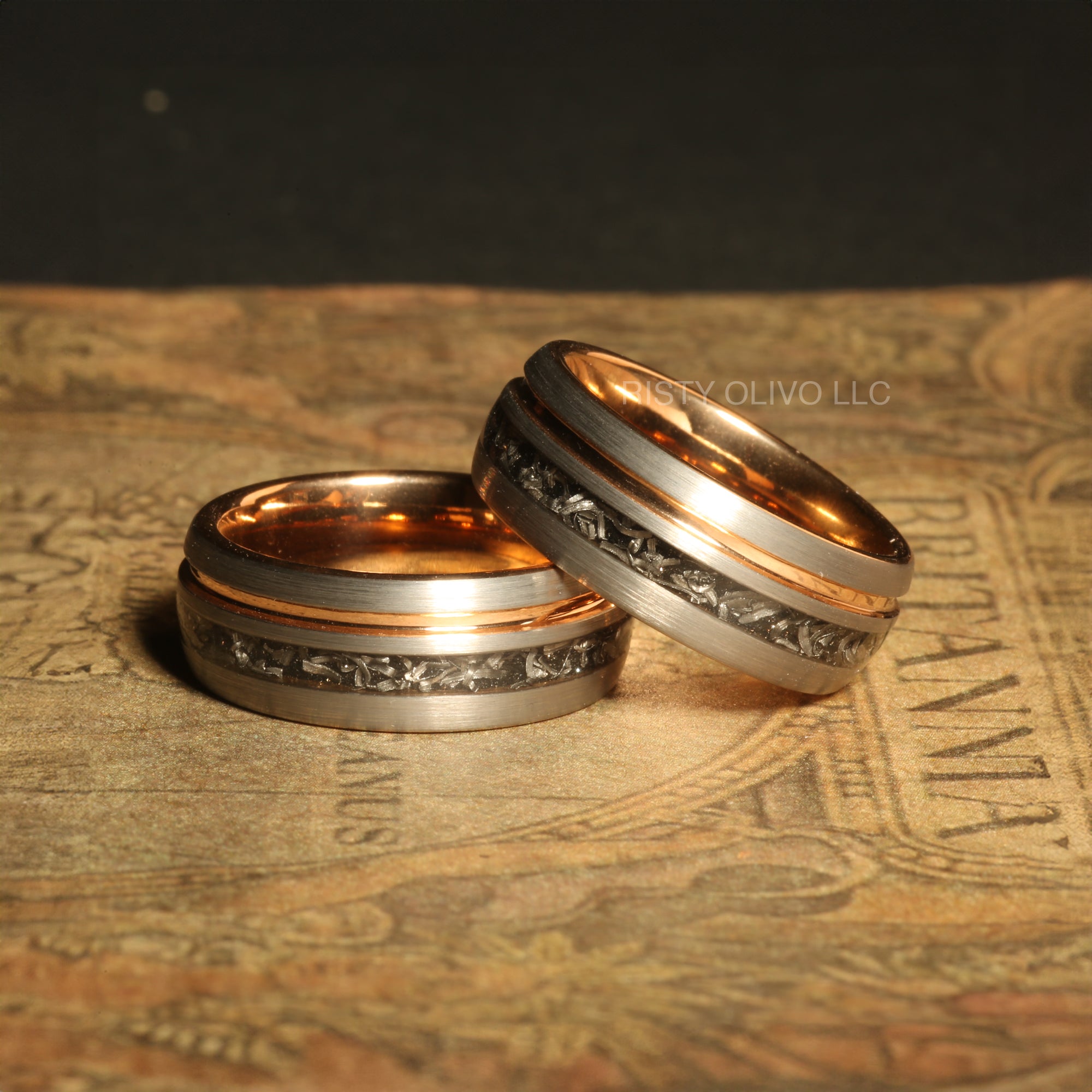 Silver Meteorite Wedding Band for Men | 8mm Tungsten Ring with Rose Gold Interior