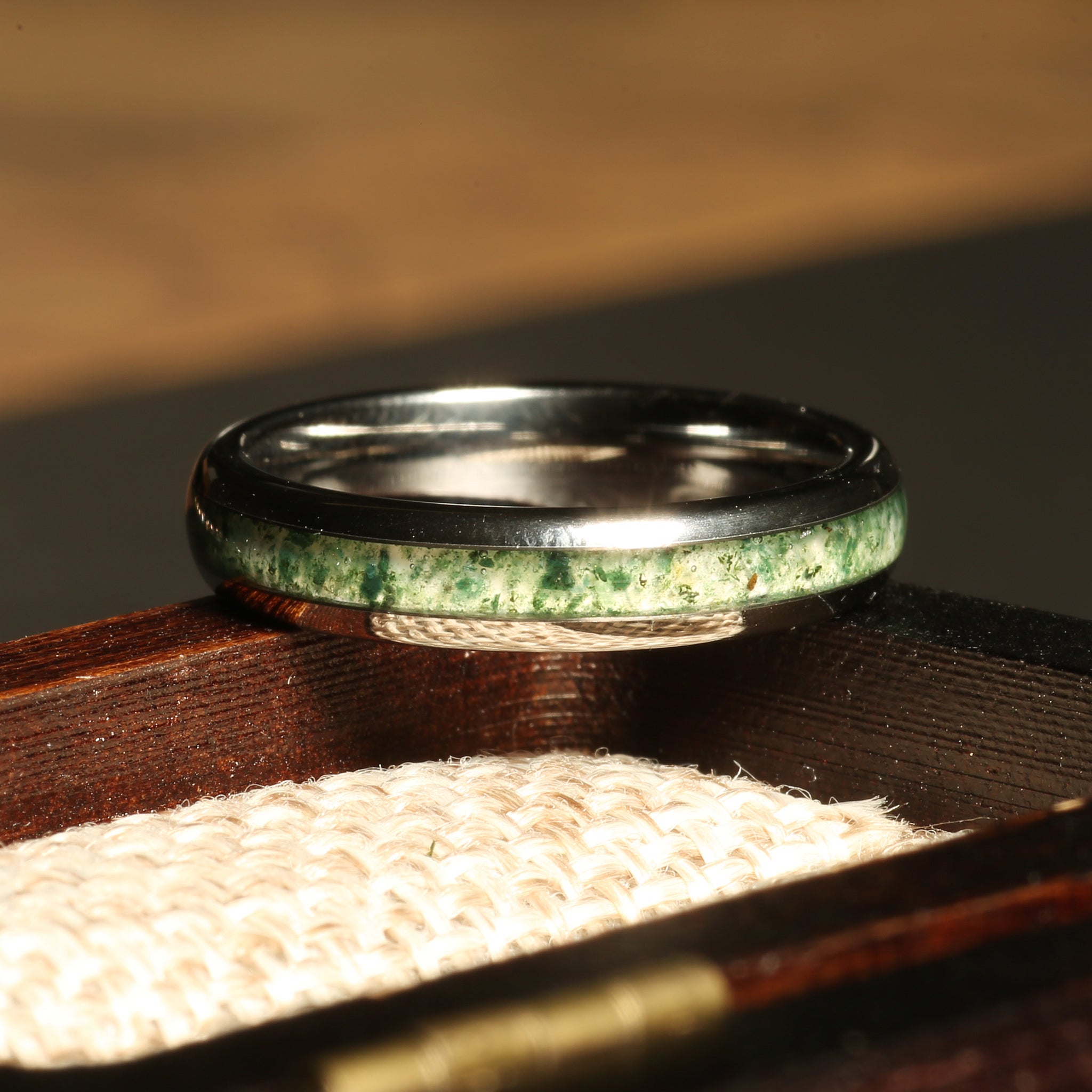 Moss Agate Matching Wedding Band Set | His and Hers Silver Tungsten Rings
