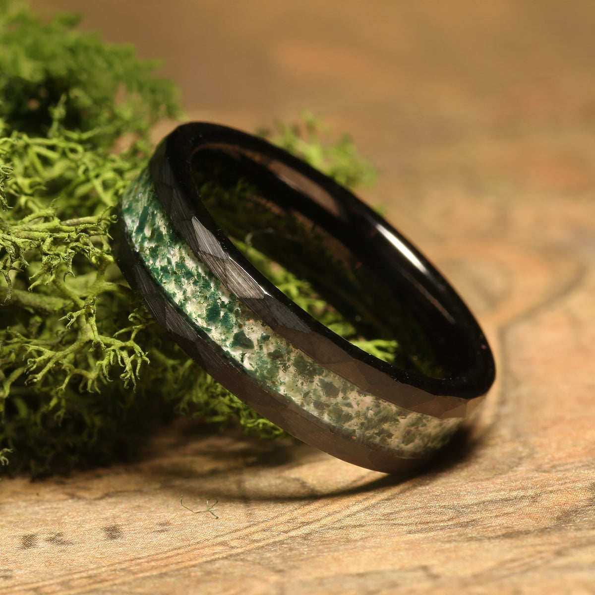 6mm moss agate wedding band with black hammered finish