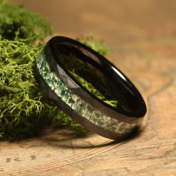 Moss Agate Wedding Band for Him or Her | 6mm Black Hammered Tungsten Ring 4