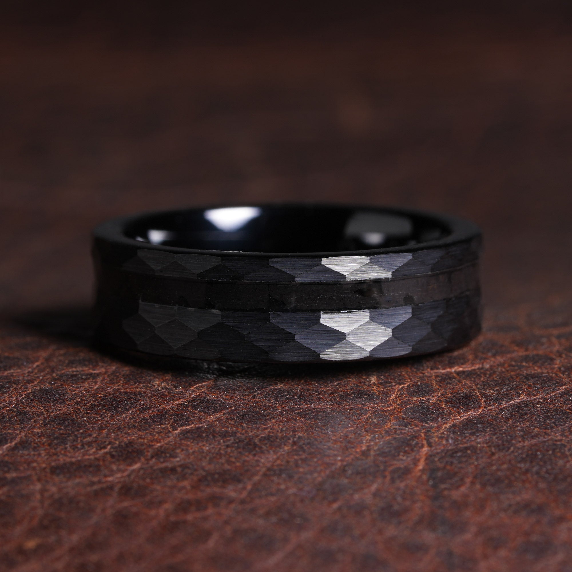 Meteorite Wedding Band for Men | 6mm Black Hammered Tungsten Ring Comfort Fit