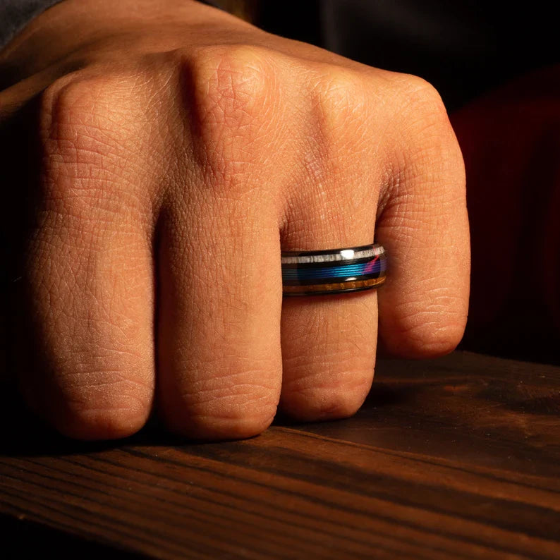 Whiskey barrel antler fishing couple ring set with coordinated outdoor style