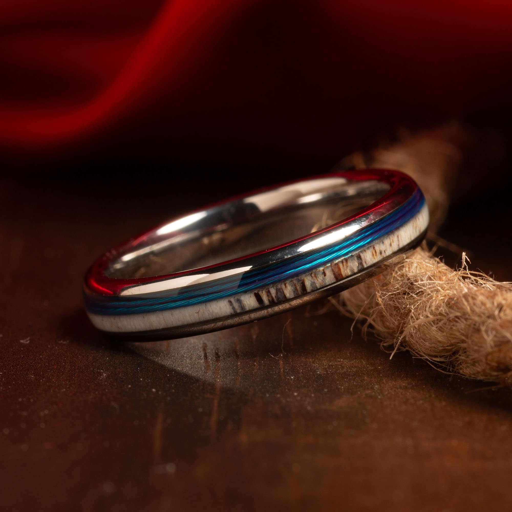 Deer Antler Fishing Line Matching Wedding Band Set | His Silver & Black Tungsten Rings