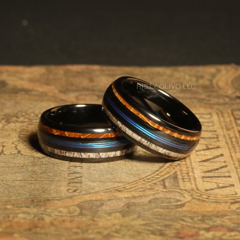 Whiskey barrel antler fishing line ring for men with black tungsten