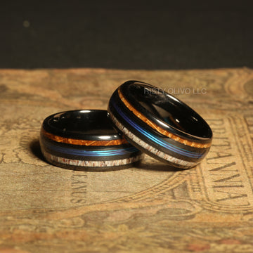 Whiskey Barrel Deer Antler Fishing Line Wedding Band for Men | 8mm Black Tungsten Ring 2