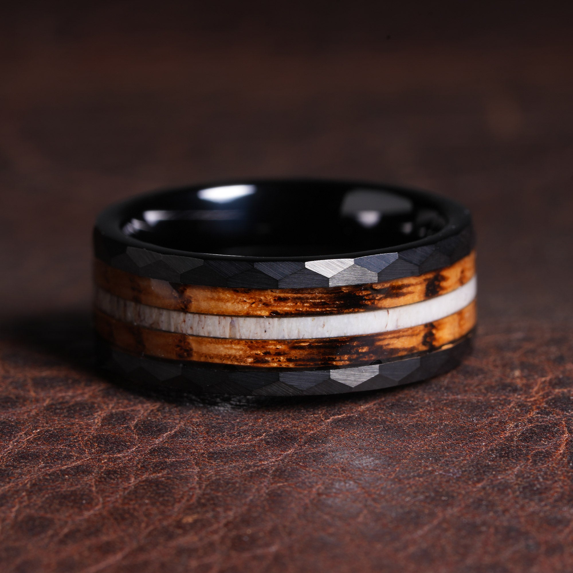 Deer Antler Charred Whiskey Barrel Wedding Band for Men | 8mm Black Tungsten Ring