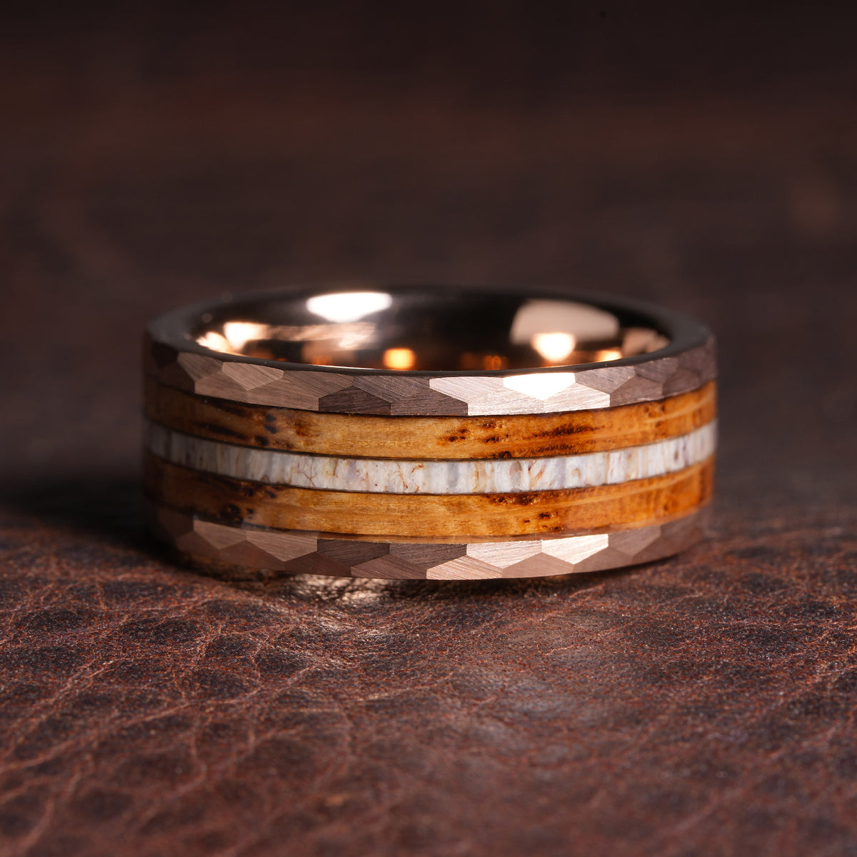 Elk Whiskey Barrel Deer Antler Wedding Band for Men | 8mm Rose Gold Tungsten Ring