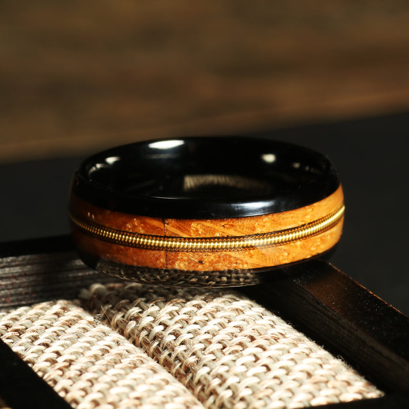 Whiskey barrel guitar string ring for men with black tungsten