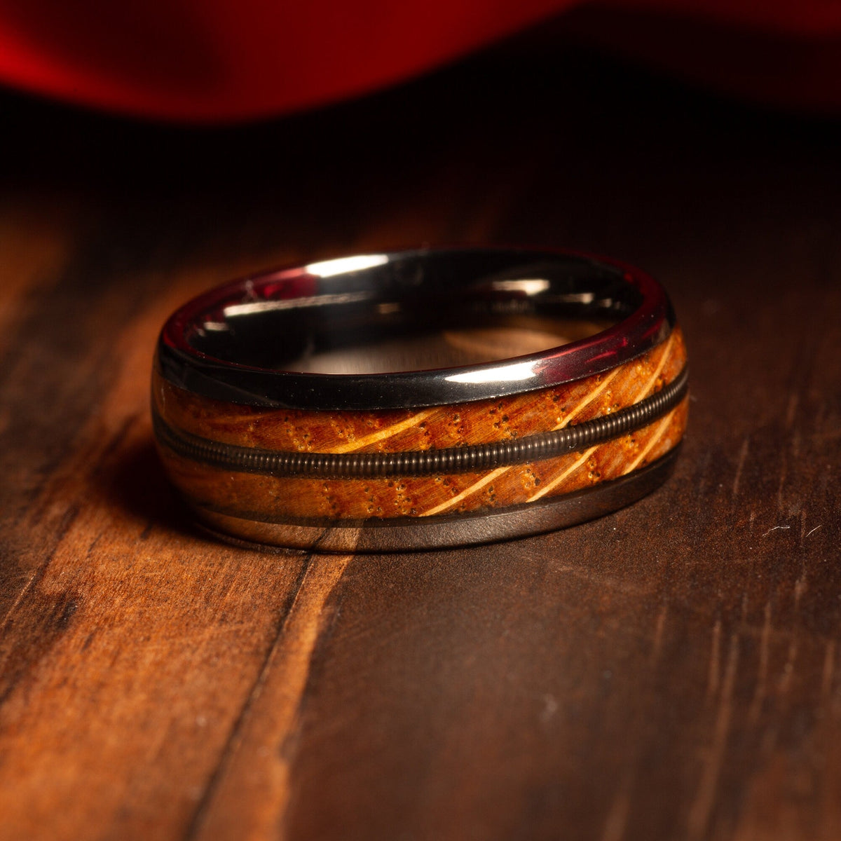 Whiskey barrel guitar string wedding ring for men with silver tungsten