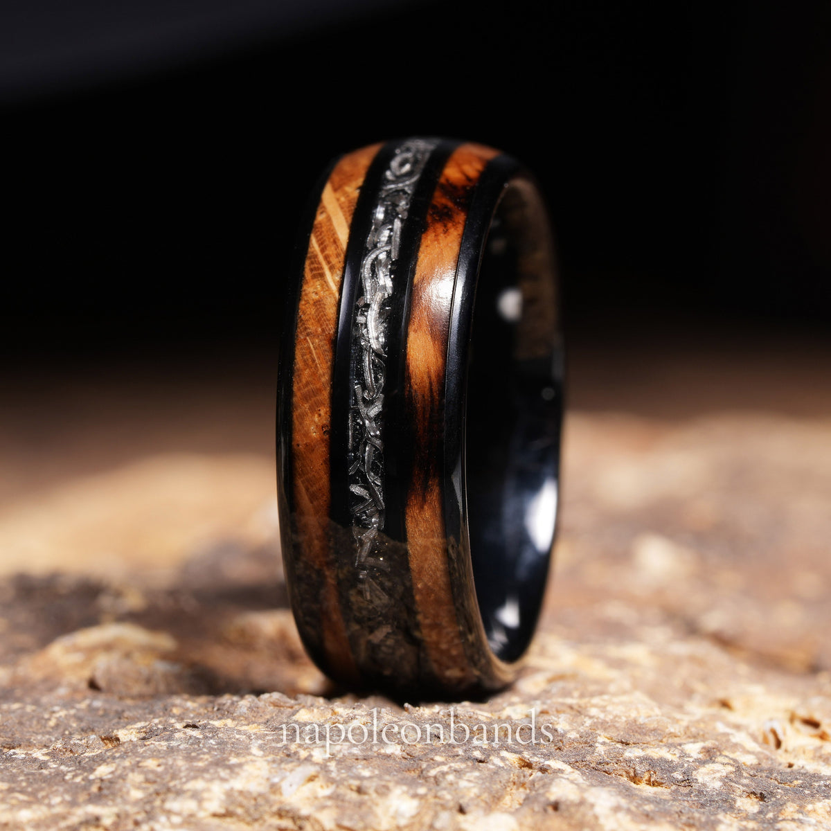 Whiskey barrel meteorite black tungsten band with domed polished finish