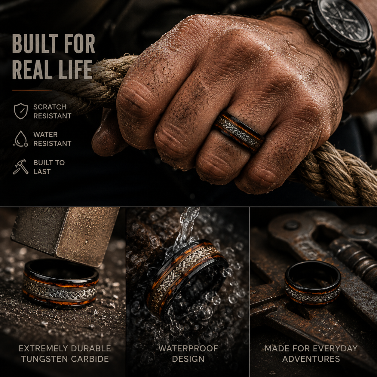 Whiskey Barrel Meteorite Wedding Band for Men | 8mm Black Tungsten Ring | Rovalt