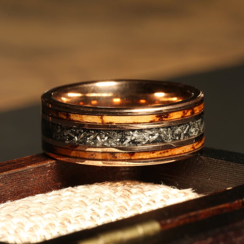 Whiskey barrel meteorite ring for men with rose gold tungsten