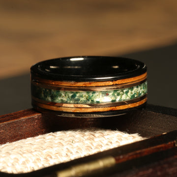 Whiskey Barrel Moss Agate Wedding Band for Men | 8mm Black Tungsten Ring 2