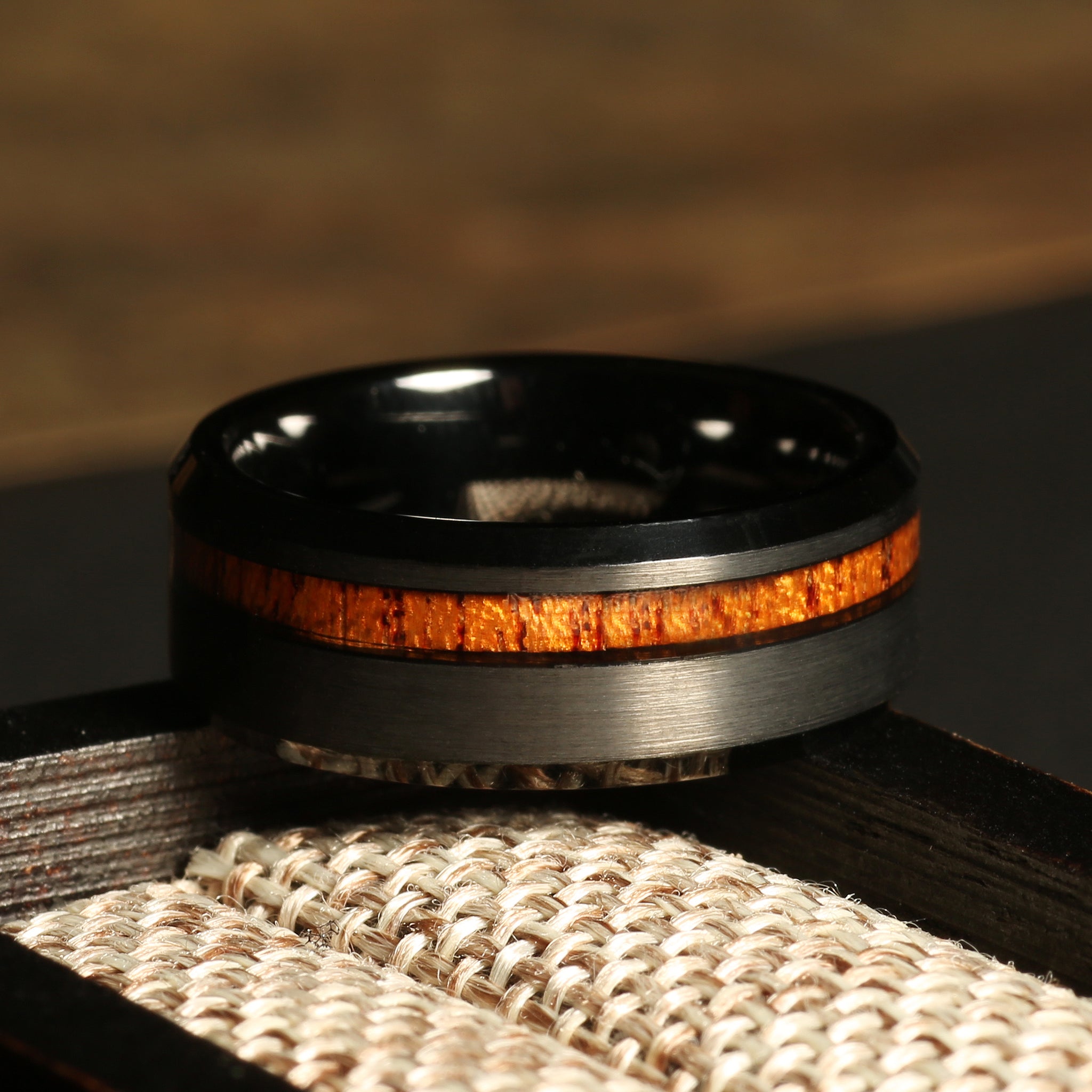 Whiskey Barrel Wedding Band for Men | 8mm Black Tungsten Ring