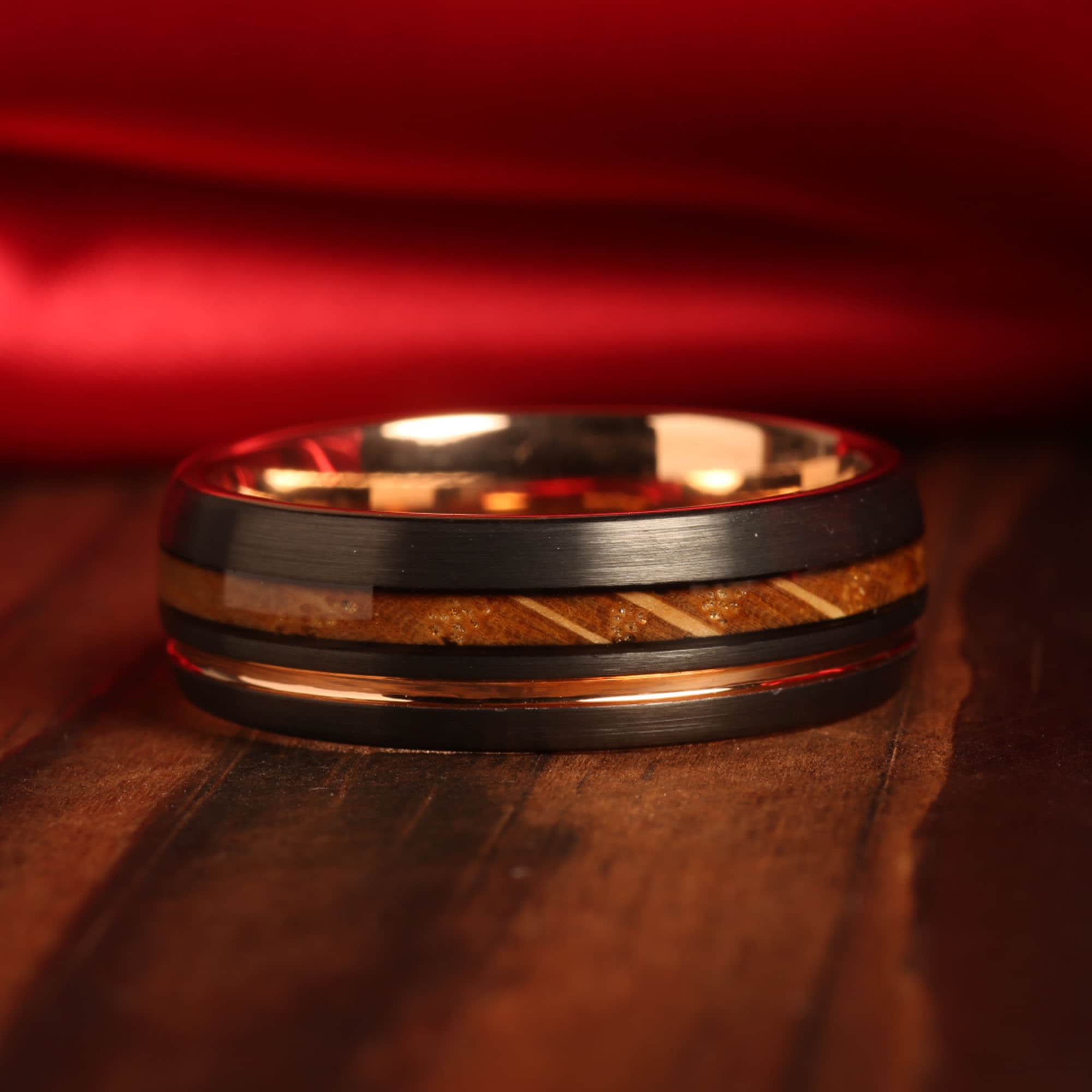 Whiskey Barrel Wedding Band for Men | Black Tungsten Ring with Rose Gold Interior