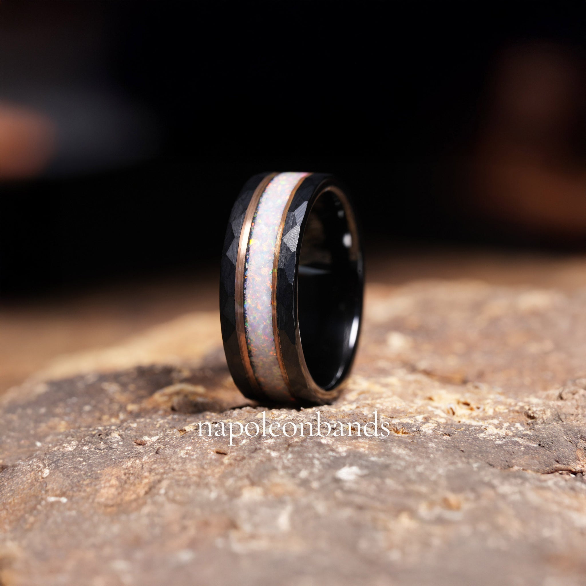 White Opal Rose Gold Strip Wedding Band for Men | 8mm Black Hammered Tungsten Ring