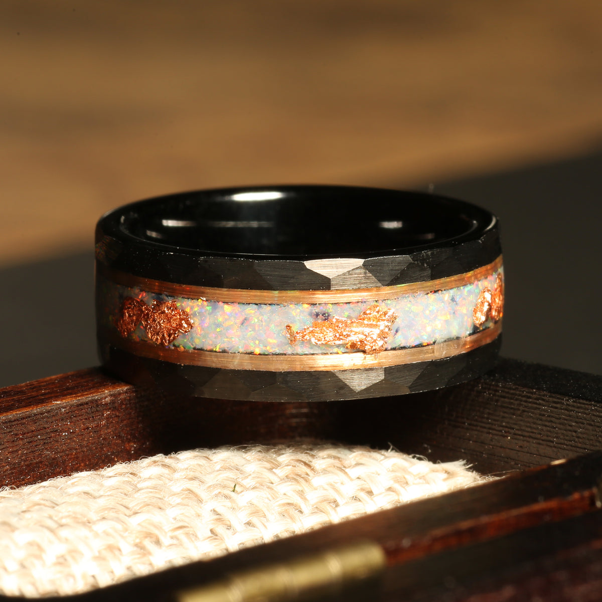 White opal gold leaf ring for men with black tungsten