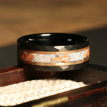 White Opal Gold Leaf Wedding Band for Men | 8mm Black Hammered Tungsten Ring 2