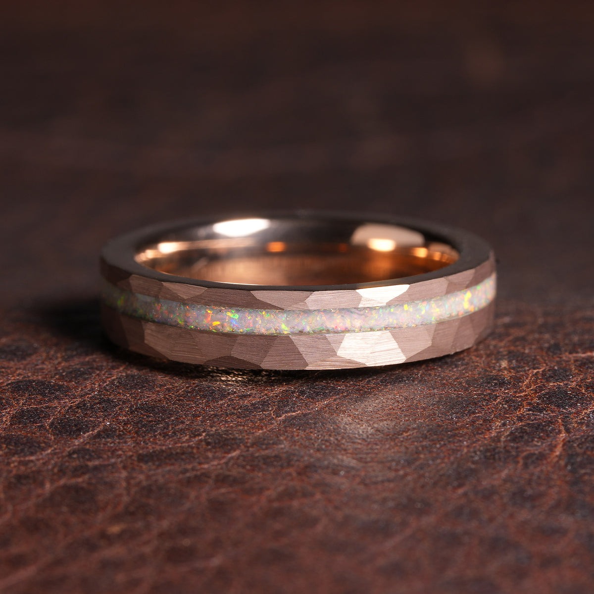 White Opal Ring for Women | 4mm Hammered Rose Gold Tungsten Comfort Fit Band