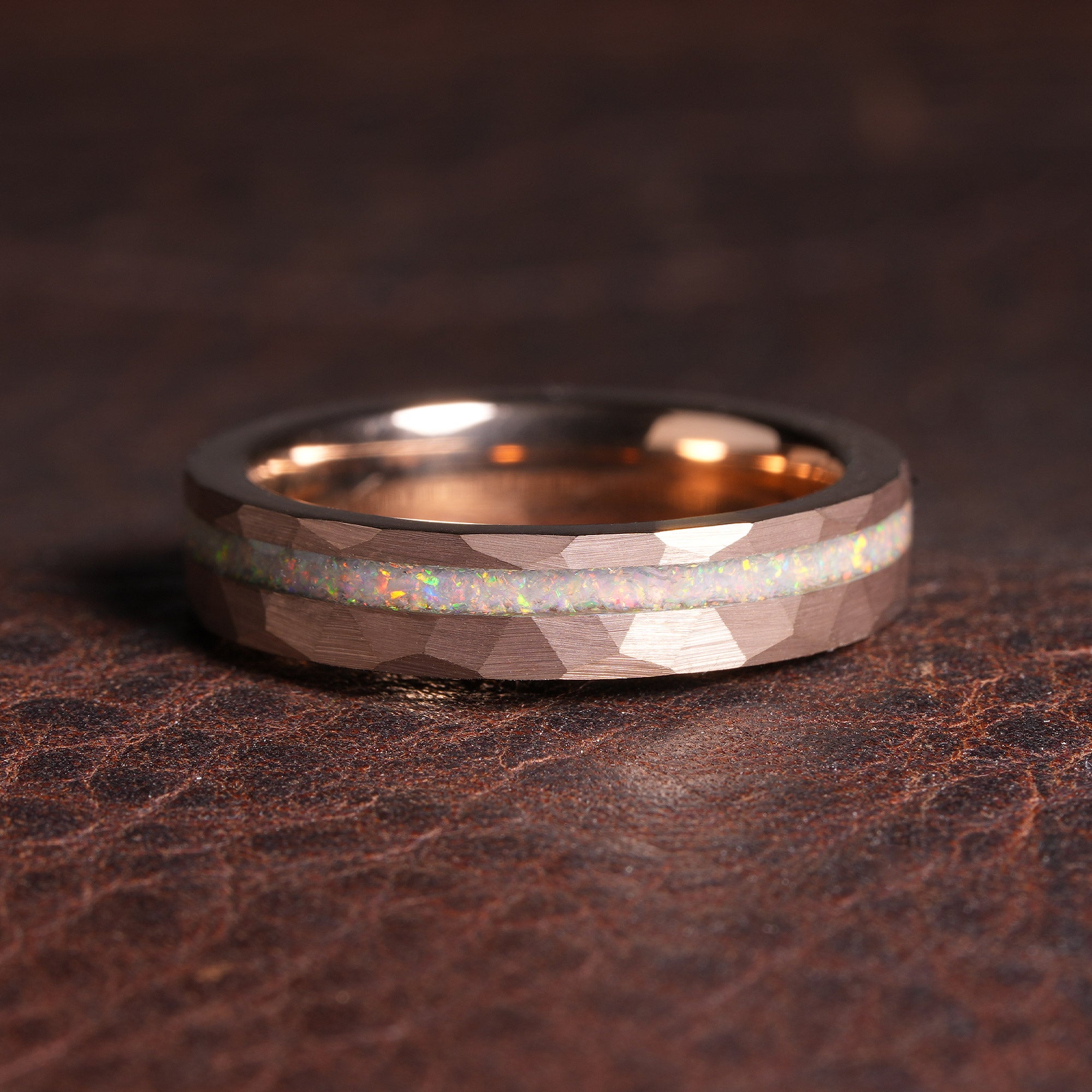 White Opal Ring for Women | 4mm Hammered Rose Gold Tungsten Comfort Fit Band